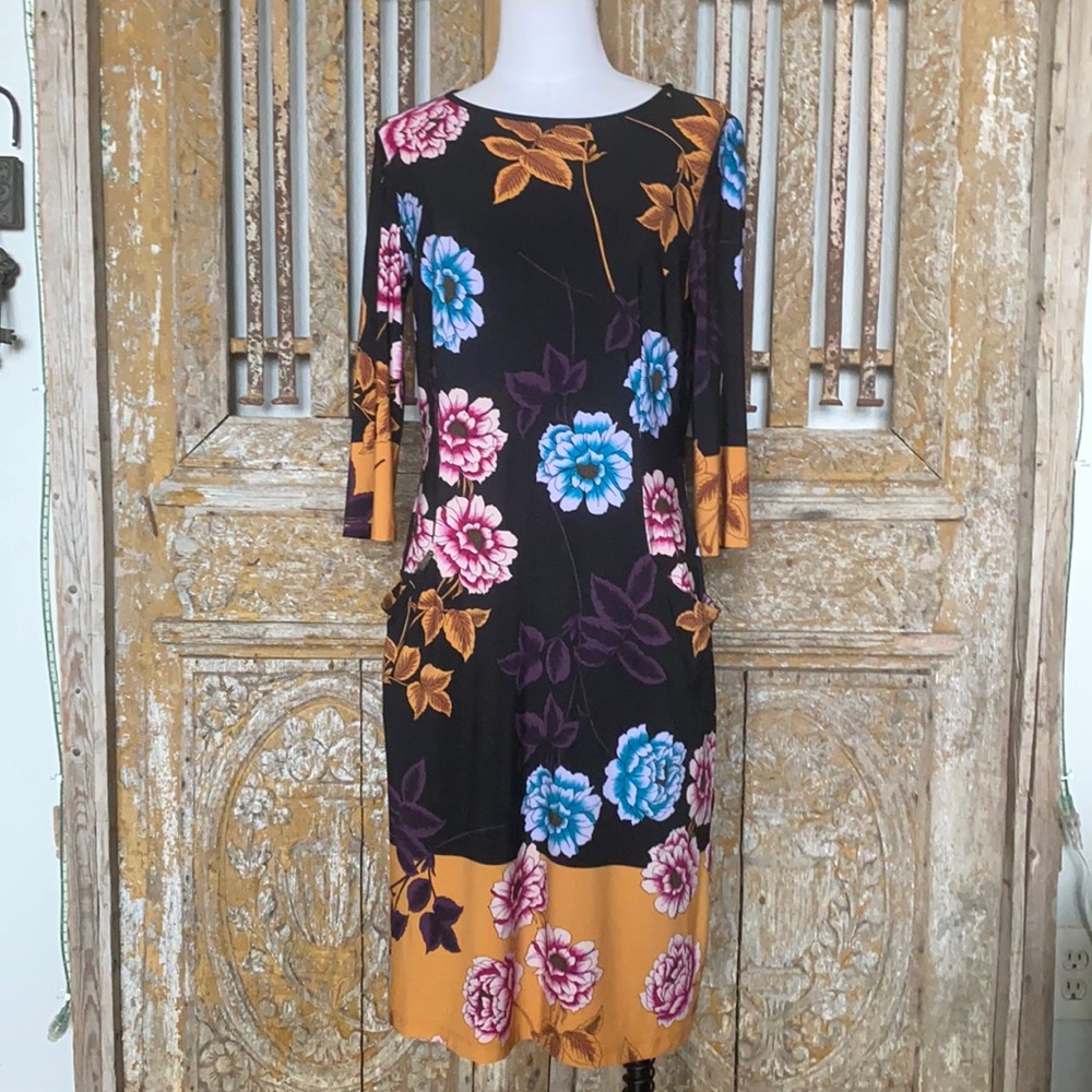 Joseph Ribkoff Black/Multi Floral Print 3/4 Sleeve Sheath Dress 203500 NEW 10